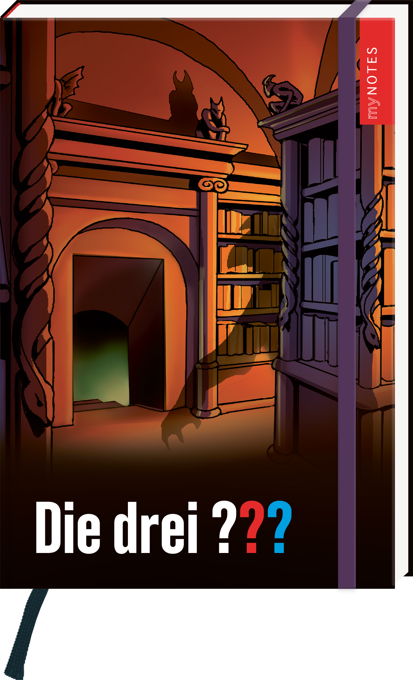 Das Buchcover zeigt eine geheimnisvolle Innenansicht mit hohen, geschwungenen Regalen, die voller Bücher stehen. Eine dunkle Tür führt in einen Schattenbereich, aus dem zartes grünes Licht strömt. Der Titel „Die drei ???“ ist in einer auffälligen weißen Schrift mit einem blauen Fragezeichen gestaltet, was Neugier weckt. In der oberen rechten Ecke befindet sich ein roter Button mit dem Text „my NOTES“. Ganz unten mittig steht der Logoschriftzug von arsEdition.