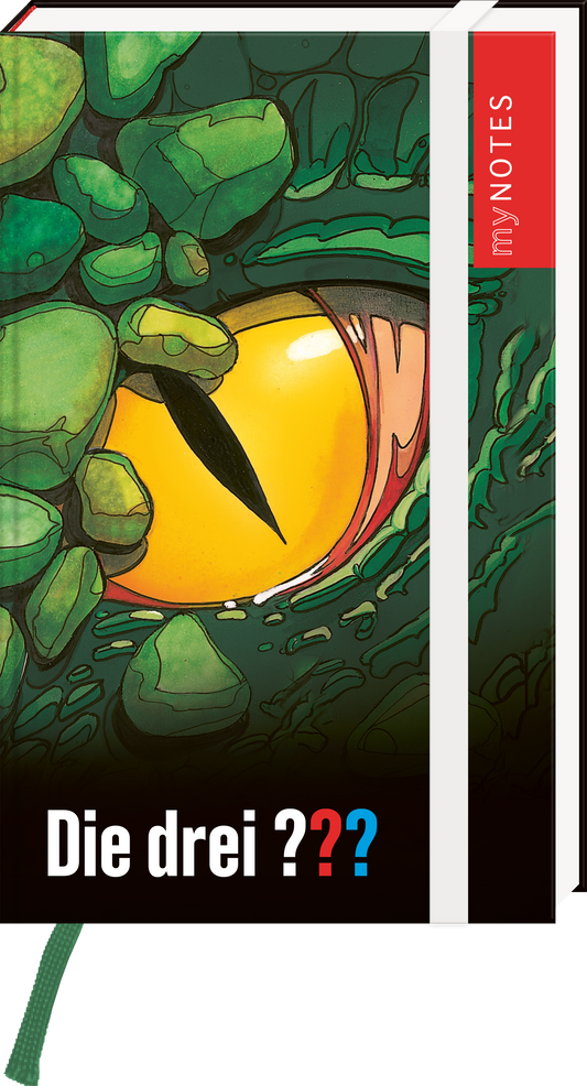 Das Buchcover zeigt ein großes, eindringliches Auge in Gelb, umgeben von grünen, grob konturierten Steinen. Die Bildkomposition vermittelt ein Gefühl von Geheimnis und Spannung. Der Titel „Die drei ???“ ist in fetter, schwarzer Schrift am unteren Rand des Covers platziert. Auf der linken Seite ist in roter Schrift der Hinweis „myNOTES“ zu sehen. Ganz unten mittig steht der Logoschriftzug von arsEdition.