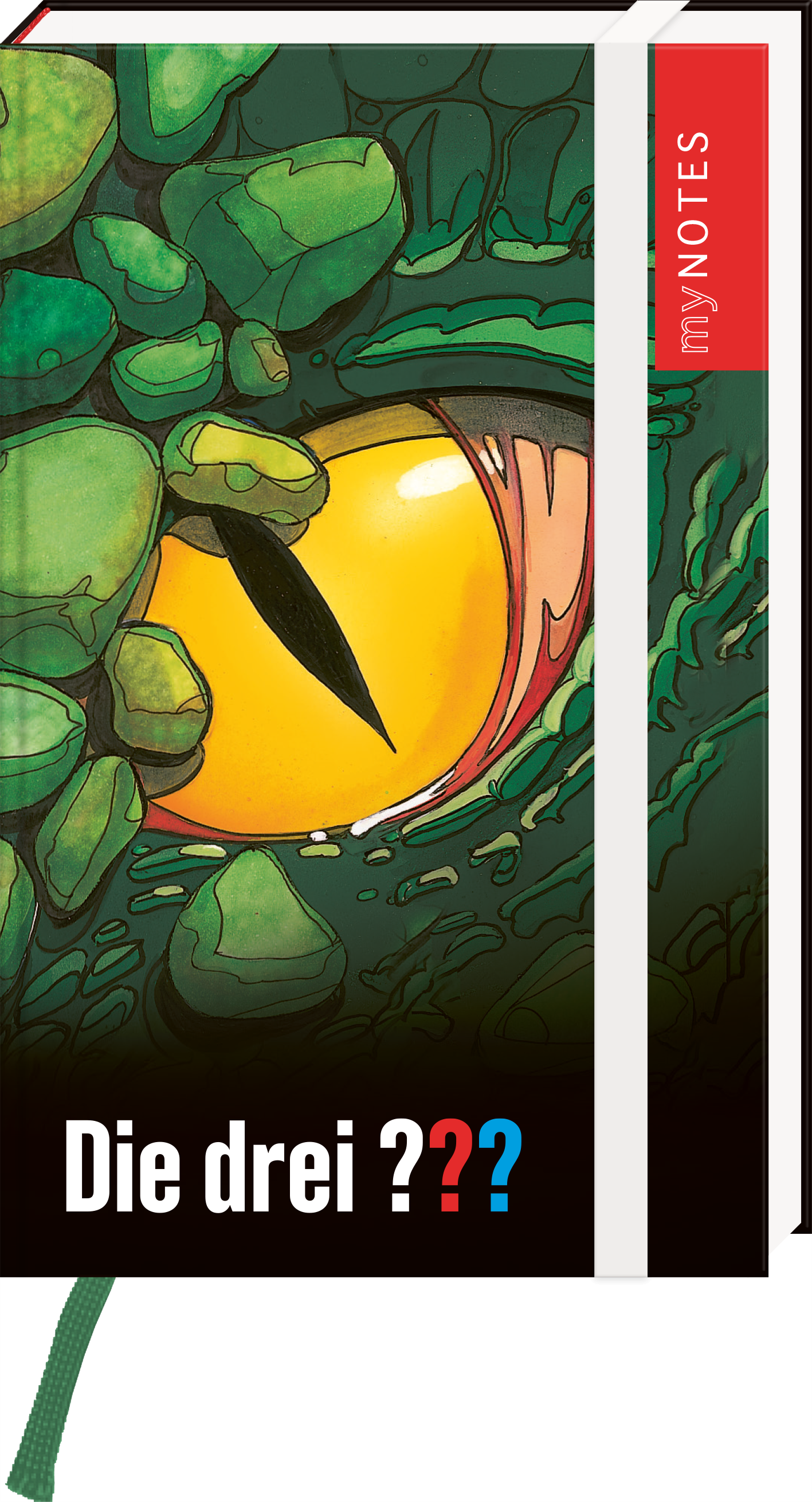Das Buchcover zeigt ein großes, eindringliches Auge in Gelb, umgeben von grünen, grob konturierten Steinen. Die Bildkomposition vermittelt ein Gefühl von Geheimnis und Spannung. Der Titel „Die drei ???“ ist in fetter, schwarzer Schrift am unteren Rand des Covers platziert. Auf der linken Seite ist in roter Schrift der Hinweis „myNOTES“ zu sehen. Ganz unten mittig steht der Logoschriftzug von arsEdition.