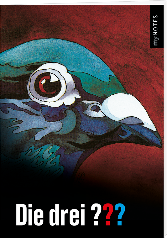 Das Buchcover zeigt einen stilisierten Vogelkopf in lebendigen Farben, vor einem dunkelroten Hintergrund. Die Augen des Vogels sind expressiv und detailreich gestaltet. Der Titel „Die drei ???“ ist groß und in weißer Schrift gehalten, wobei die Wörter „Die drei“ darüber und „???“ darunter in leuchtendem Blau positioniert sind. Oben rechts befindet sich der Schriftzug „my NOTES“ in Schwarz. Ganz unten mittig steht der Logoschriftzug von arsEdition.