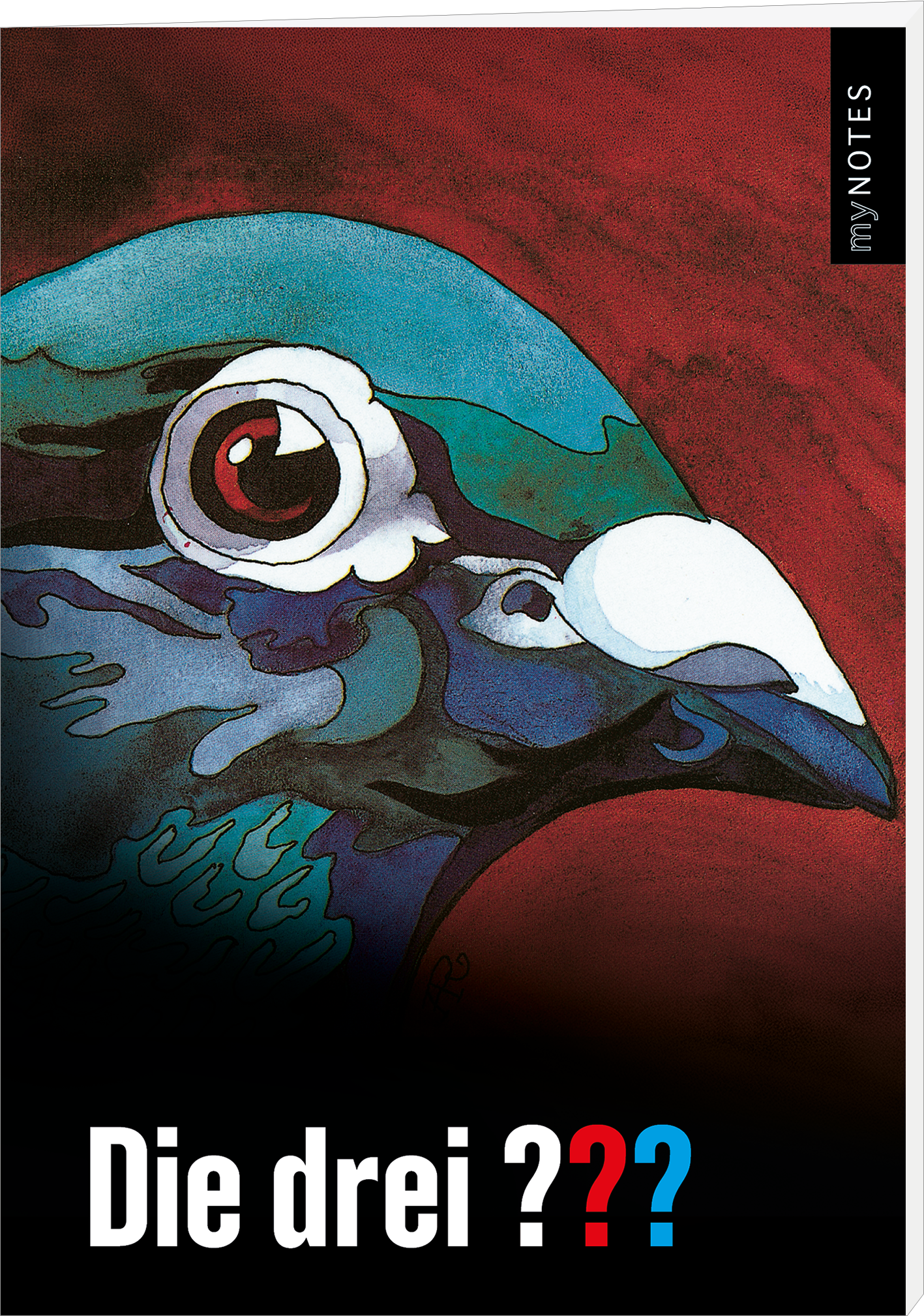 Das Buchcover zeigt einen stilisierten Vogelkopf in lebendigen Farben, vor einem dunkelroten Hintergrund. Die Augen des Vogels sind expressiv und detailreich gestaltet. Der Titel „Die drei ???“ ist groß und in weißer Schrift gehalten, wobei die Wörter „Die drei“ darüber und „???“ darunter in leuchtendem Blau positioniert sind. Oben rechts befindet sich der Schriftzug „my NOTES“ in Schwarz. Ganz unten mittig steht der Logoschriftzug von arsEdition.