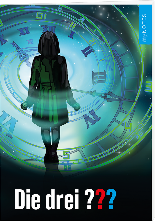 Das Buchcover zeigt eine stilisierte Figur mit schwarzem Haar, die vor einem leuchtenden, kaleidoskopartigen Hintergrund steht, der von verschiedenen Uhrzeigern und einem mystischen Blau-Grün geprägt ist. Der Titel „Die drei ???“ erscheint groß und auffällig in schwarz und rot am unteren Rand. Eine hellblaue Kante auf der rechten Seite enthält den Schriftzug „my NOTES“. Ganz unten mittig steht der Logoschriftzug von arsEdition.