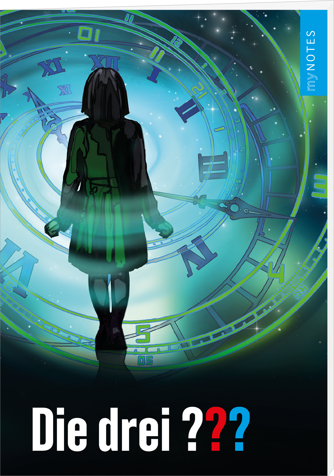 Das Buchcover zeigt eine stilisierte Figur mit schwarzem Haar, die vor einem leuchtenden, kaleidoskopartigen Hintergrund steht, der von verschiedenen Uhrzeigern und einem mystischen Blau-Grün geprägt ist. Der Titel „Die drei ???“ erscheint groß und auffällig in schwarz und rot am unteren Rand. Eine hellblaue Kante auf der rechten Seite enthält den Schriftzug „my NOTES“. Ganz unten mittig steht der Logoschriftzug von arsEdition.