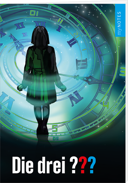 Das Buchcover zeigt eine stilisierte Figur mit schwarzem Haar, die vor einem leuchtenden, kaleidoskopartigen Hintergrund steht, der von verschiedenen Uhrzeigern und einem mystischen Blau-Grün geprägt ist. Der Titel „Die drei ???“ erscheint groß und auffällig in schwarz und rot am unteren Rand. Eine hellblaue Kante auf der rechten Seite enthält den Schriftzug „my NOTES“. Ganz unten mittig steht der Logoschriftzug von arsEdition.