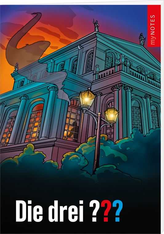 Das Buchcover zeigt ein farbenfrohes, cartoonhaftes Gebäude, das durch eine dramatische, twilightartige Kulisse in Rot- und Blautönen beleuchtet wird. Im Vordergrund sind zwei Straßenlaternen abgebildet, die warmes Licht ausstrahlen. Der Titel „Die drei ???“ ist in großer, weißer Schrift am unteren Rand platziert, während links ein roter Bereich mit dem Aufdruck „my NOTES“ zu sehen ist. Ganz unten mittig steht der Logoschriftzug von arsEdition.