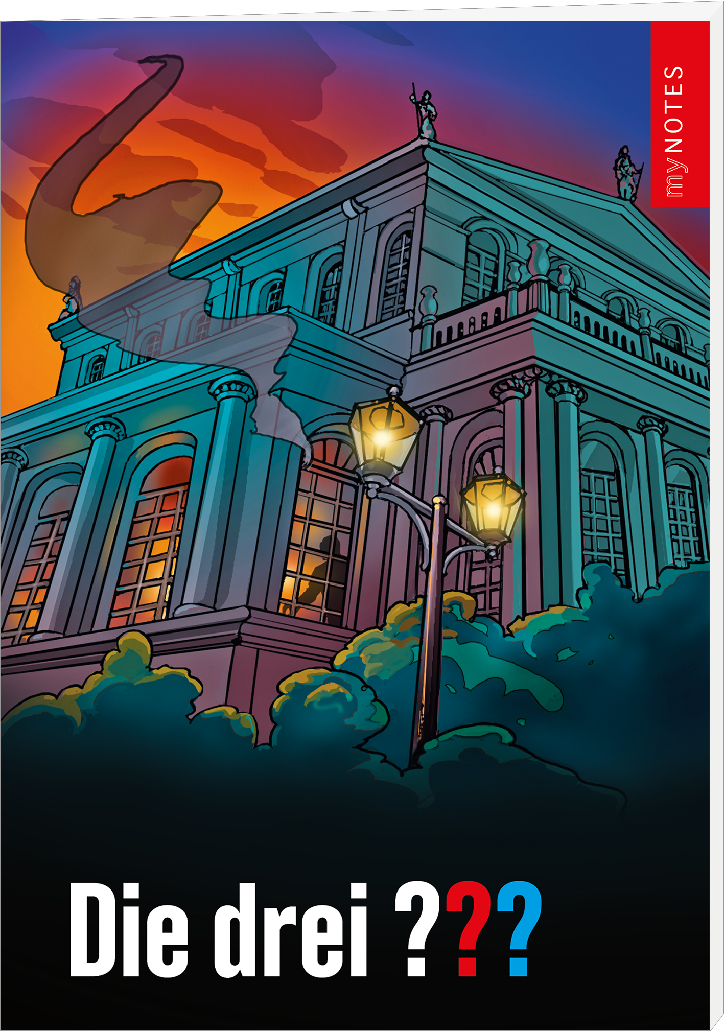 Das Buchcover zeigt ein farbenfrohes, cartoonhaftes Gebäude, das durch eine dramatische, twilightartige Kulisse in Rot- und Blautönen beleuchtet wird. Im Vordergrund sind zwei Straßenlaternen abgebildet, die warmes Licht ausstrahlen. Der Titel „Die drei ???“ ist in großer, weißer Schrift am unteren Rand platziert, während links ein roter Bereich mit dem Aufdruck „my NOTES“ zu sehen ist. Ganz unten mittig steht der Logoschriftzug von arsEdition.