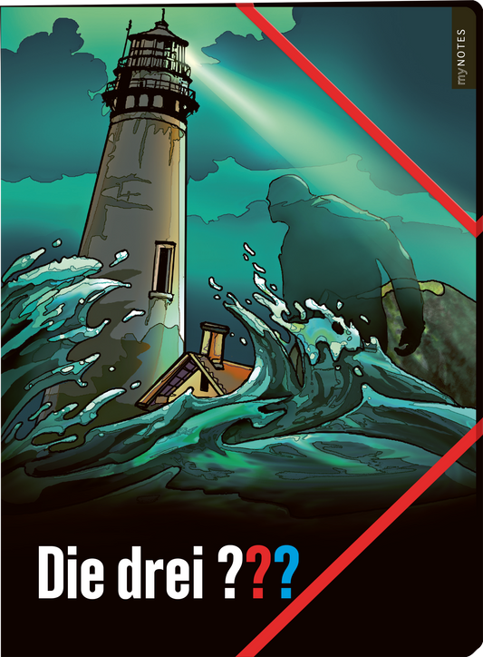 Das Buchcover zeigt einen Leuchtturm, der vor einer stürmischen See steht. Wilde Wellen umspülen die Basis des Turms, während im Hintergrund eine geheimnisvolle, schemenhafte Figur zu sehen ist. Die Farbpalette besteht aus dunklen Blau- und Grüntönen, die eine spannende Atmosphäre erzeugen. Der Titel „Die drei ???“ ist in großen, weißen Lettern geschrieben, während die drei Fragezeichen in rot und blau leuchten. Oben rechts befindet sich der Hinweis „my NOTES“. Ganz unten...