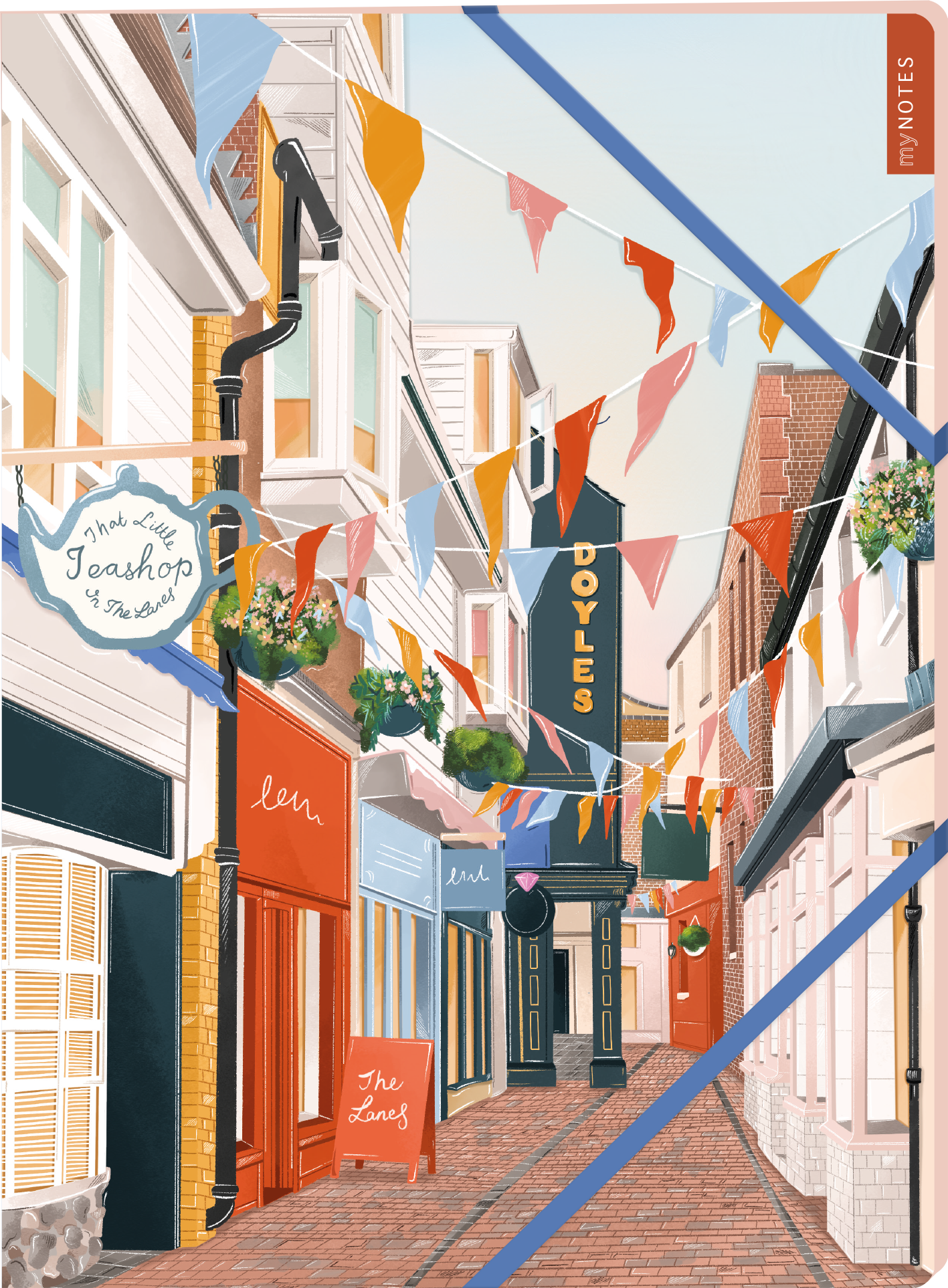 Das Buchcover zeigt eine malerische Gasse mit bunten Wimpeln, die zwischen den Gebäuden hängen. Die Wände sind in sanften Pastellfarben gehalten, und die Türen sowie Fenster verleihen der Szene eine einladende Atmosphäre. Auf der linken Seite ist ein Schild mit „The Little Tearshop“ zu sehen, während der zentrale Schriftzug „DOYLES“ in kräftigem Schwarz hervorsticht. Oben rechts ist der Button „SPIEGEL-Bestseller“ platziert. Ganz unten mittig steht der Logoschriftzug von...