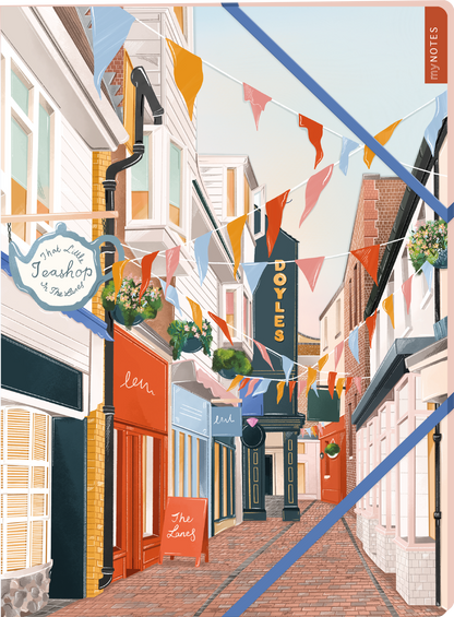 Das Buchcover zeigt eine malerische Gasse mit bunten Wimpeln, die zwischen den Gebäuden hängen. Die Wände sind in sanften Pastellfarben gehalten, und die Türen sowie Fenster verleihen der Szene eine einladende Atmosphäre. Auf der linken Seite ist ein Schild mit „The Little Tearshop“ zu sehen, während der zentrale Schriftzug „DOYLES“ in kräftigem Schwarz hervorsticht. Oben rechts ist der Button „SPIEGEL-Bestseller“ platziert. Ganz unten mittig steht der Logoschriftzug von...