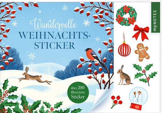 Hellblauer Hintergrund mit Schnee und verschneiten Hügeln, stilisierte rote Beerenzweige, zwei Hasen und ein Gimpel auf einem Zweig, Titel in eleganter Mischung aus geschwungener und serifenbetonter Typografie „Wundervolle“ und „WEIHNACHTS-STICKER“, grüner Kreis mit Hinweis „über 200 illustrierte Sticker“, rechts eine weiße Leiste mit abziehbaren Weihnachtsmotiven, ruhige festliche Winterstimmung. Ganz unten mittig steht der Logoschriftzug von arsEdition.