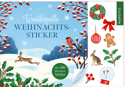 Hellblauer Hintergrund mit Schnee und verschneiten Hügeln, stilisierte rote Beerenzweige, zwei Hasen und ein Gimpel auf einem Zweig, Titel in eleganter Mischung aus geschwungener und serifenbetonter Typografie „Wundervolle“ und „WEIHNACHTS-STICKER“, grüner Kreis mit Hinweis „über 200 illustrierte Sticker“, rechts eine weiße Leiste mit abziehbaren Weihnachtsmotiven, ruhige festliche Winterstimmung. Ganz unten mittig steht der Logoschriftzug von arsEdition.