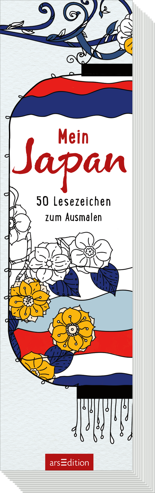 Das Cover zeigt einen vertikalen Lesezeichen-Layout, dominiert von lebendigen Farben wie Rot, Blau und Weiß. Oben ist in großen, rot geschriebenen Buchstaben der Titel „Mein Japan“ zu sehen. Darunter steht in kleinerer Schrift „50 Lesezeichen zum Ausmalen“. Geschwungene Linien und florale Motive verleihen eine verspielte Atmosphäre. Ganz unten mittig steht der Logoschriftzug von arsEdition.