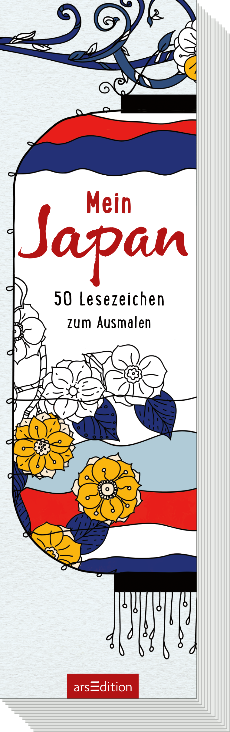 Das Cover zeigt einen vertikalen Lesezeichen-Layout, dominiert von lebendigen Farben wie Rot, Blau und Weiß. Oben ist in großen, rot geschriebenen Buchstaben der Titel „Mein Japan“ zu sehen. Darunter steht in kleinerer Schrift „50 Lesezeichen zum Ausmalen“. Geschwungene Linien und florale Motive verleihen eine verspielte Atmosphäre. Ganz unten mittig steht der Logoschriftzug von arsEdition.