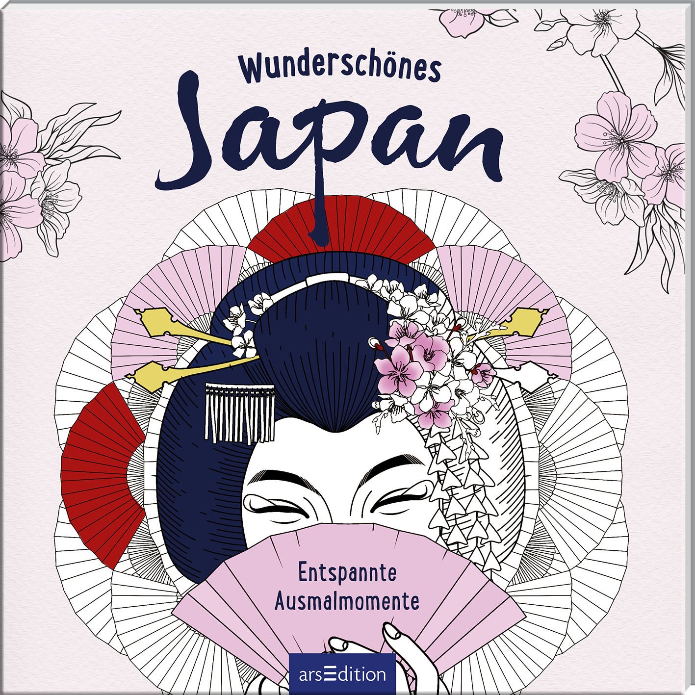 Das Buchcover zeigt eine stilisierte Darstellung einer Geisha, die mit einem Fächer in weißer Farbe einen ruhigen Ausdruck vermittelt. Um sie herum sind bunte Fächer in Rot, Rosa und Lila angeordnet, die an die japanische Kultur erinnern. Oben prangt der Titel „Wunderschönes Japan“ in kräftigem Blau, während der Untertitel „Entspannte Ausmalmomente“ in einer schlichten Schrift darunter steht. Die gesamte Atmosphäre strahlt Harmonie und Entspannung aus. Ganz unten mittig steht der...
