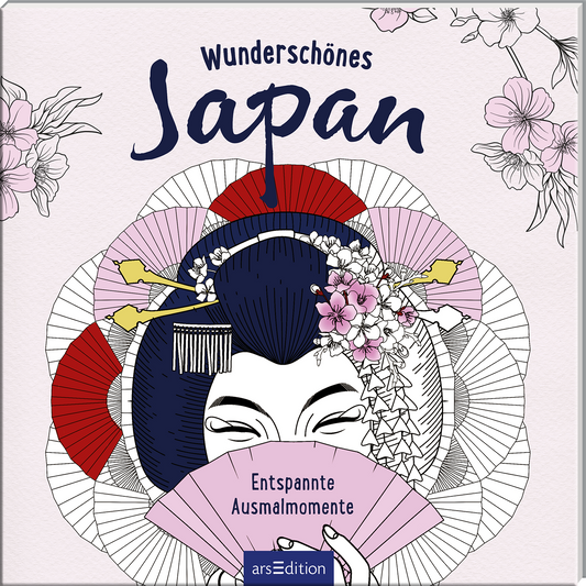 Das Buchcover zeigt eine stilisierte Darstellung einer Geisha, die mit einem Fächer in weißer Farbe einen ruhigen Ausdruck vermittelt. Um sie herum sind bunte Fächer in Rot, Rosa und Lila angeordnet, die an die japanische Kultur erinnern. Oben prangt der Titel „Wunderschönes Japan“ in kräftigem Blau, während der Untertitel „Entspannte Ausmalmomente“ in einer schlichten Schrift darunter steht. Die gesamte Atmosphäre strahlt Harmonie und Entspannung aus. Ganz unten mittig steht der...