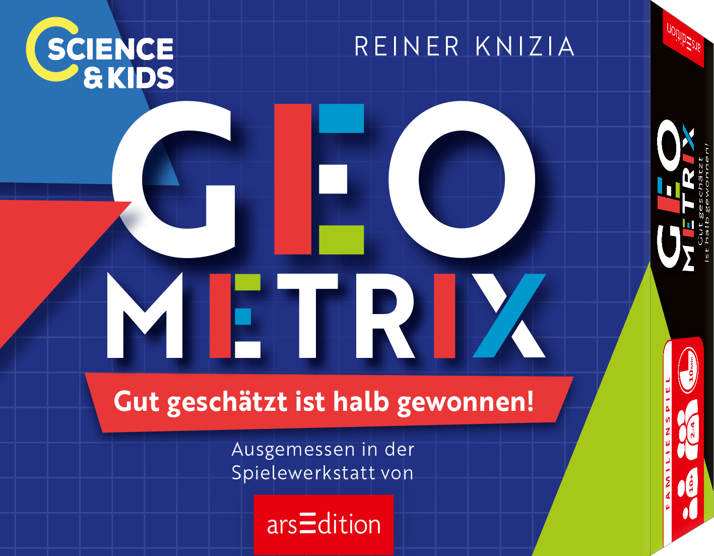 Auf dem Cover des Spiels „GEO METRIX“ von Reiner Knizia dominieren kräftige Farben wie Rot, Blau, Grün und Weiß. Der Titel ist in großen, modernen Buchstaben gehalten, wobei die Buchstaben teils farbig hinterlegt sind. Oben links ist das Logo „SCIENCE &amp; KIDS“ in einer gelben Kreiskonzeption platziert. Darunter befindet sich der Slogan „Gut geschätzt ist halb gewonnen!“ in auffälliger roter Schrift. Unten steht der Hinweis „Ausgemessen in der Spielewerkstatt von“. Ganz...