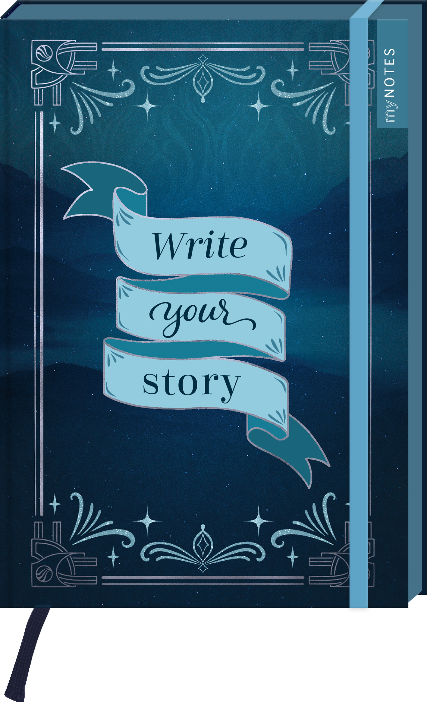 Dunkelblauer bis petrolfarbener Hintergrund mit dezentem Sternenhimmel und ornamentaler, hellblauer Rahmenornamentik. Zentrales hellblaues Band in drei Segmenten mit der Schrift „Write your story“, wobei „your“ handschriftlich wirkt, die anderen Worte serifenbetont sind. Rechts ein hellblauer Einfassgummi und ein kleines Etikett mit dem Text „myNOTES“. Stimmung ruhig, inspirierend und nostalgisch. Ganz unten mittig steht der Logoschriftzug von arsEdition.