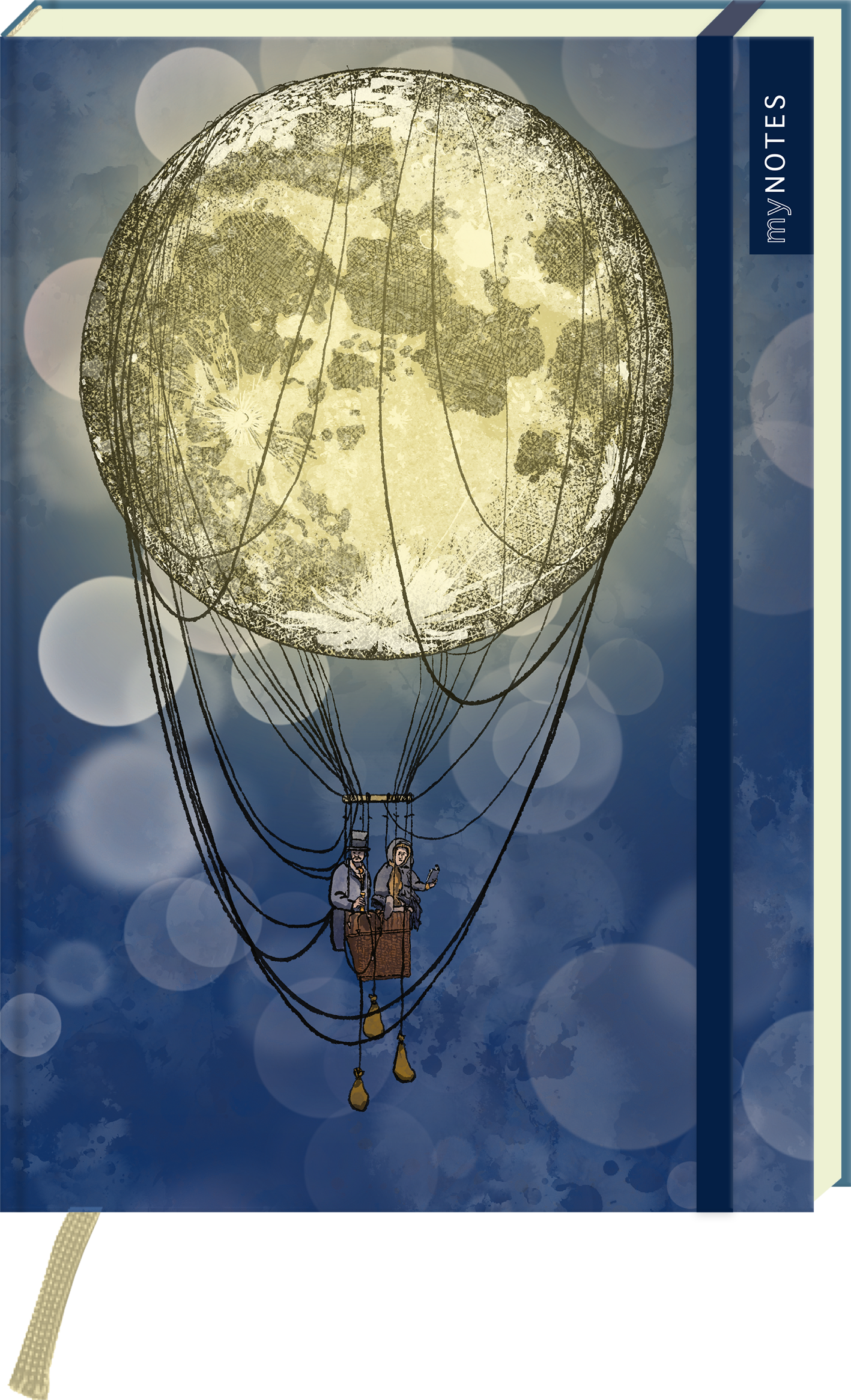 Vor einem tiefen Blau mit unscharfen Lichtkreisen schwebt ein großer Mond als Heißluftballon, fein gezeichnete Linien verbinden ihn mit einem Korb, in dem zwei Figuren sitzen. Mond in warmem Goldgelb, Details in Schwarz und Sepia, rechts ein dunkles Vertikalband mit weißer senkrechter Schrift „my NOTES“. Illustration wirkt poetisch und verträumt. Ganz unten mittig steht der Logoschriftzug von arsEdition.