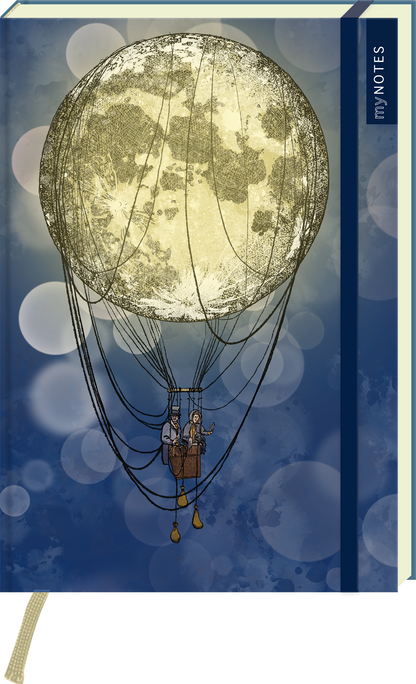 Vor einem tiefen Blau mit unscharfen Lichtkreisen schwebt ein großer Mond als Heißluftballon, fein gezeichnete Linien verbinden ihn mit einem Korb, in dem zwei Figuren sitzen. Mond in warmem Goldgelb, Details in Schwarz und Sepia, rechts ein dunkles Vertikalband mit weißer senkrechter Schrift „my NOTES“. Illustration wirkt poetisch und verträumt. Ganz unten mittig steht der Logoschriftzug von arsEdition.
