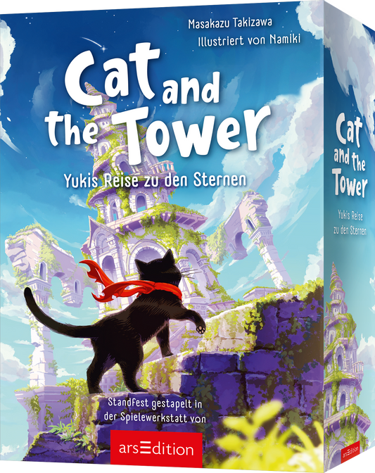 Cover zeigt einen schwarzen Kater mit rotem Schal, der auf einer moosbewachsenen Steinmauer vor einem hohen, märchenhaften Turm steht. Heller Himmel in Blau und Pastelltönen, violette und grüne Akzente. Titel Cat and the Tower in großen verspielten weißen Buchstaben oben, Untertitel Yukis Reise zu den Sternen in kleinerer weißer Schrift. Oben rechts stehen Masakazu Takizawa und Illustriert von Namiki. Stimmung abenteuerlich und verträumt. Ganz unten mittig steht der Logoschriftzug von...