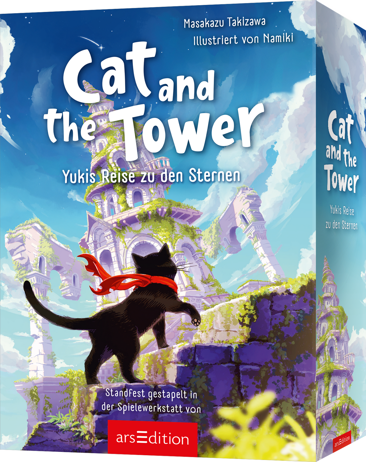 Cover zeigt einen schwarzen Kater mit rotem Schal, der auf einer moosbewachsenen Steinmauer vor einem hohen, märchenhaften Turm steht. Heller Himmel in Blau und Pastelltönen, violette und grüne Akzente. Titel Cat and the Tower in großen verspielten weißen Buchstaben oben, Untertitel Yukis Reise zu den Sternen in kleinerer weißer Schrift. Oben rechts stehen Masakazu Takizawa und Illustriert von Namiki. Stimmung abenteuerlich und verträumt. Ganz unten mittig steht der Logoschriftzug von...