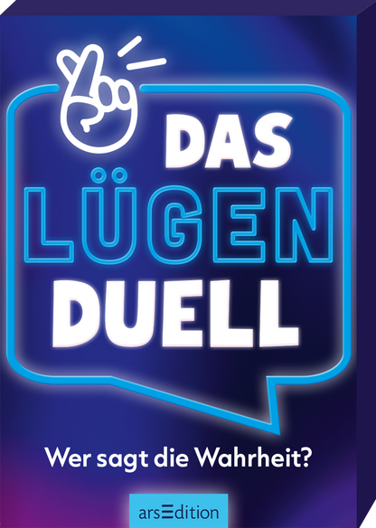 Das Cover zeigt einen dunkeln Hintergrund mit leuchtenden Neonfarben. Im Mittelpunkt steht der Titel „DAS LÜGENDUELL“ in großen, hellblauen und weißen Buchstaben. Darüber ist ein Handzeichen abgebildet, das symbolisch für das Verstecken von Wahrheiten steht. Unter dem Titel befindet sich der Slogan „Wer sagt die Wahrheit?“ in kleinerer, weißer Schrift. Ganz unten mittig steht der Logoschriftzug von arsEdition.