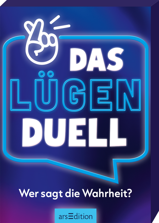 Das Cover zeigt einen dunkeln Hintergrund mit leuchtenden Neonfarben. Im Mittelpunkt steht der Titel „DAS LÜGENDUELL“ in großen, hellblauen und weißen Buchstaben. Darüber ist ein Handzeichen abgebildet, das symbolisch für das Verstecken von Wahrheiten steht. Unter dem Titel befindet sich der Slogan „Wer sagt die Wahrheit?“ in kleinerer, weißer Schrift. Ganz unten mittig steht der Logoschriftzug von arsEdition.