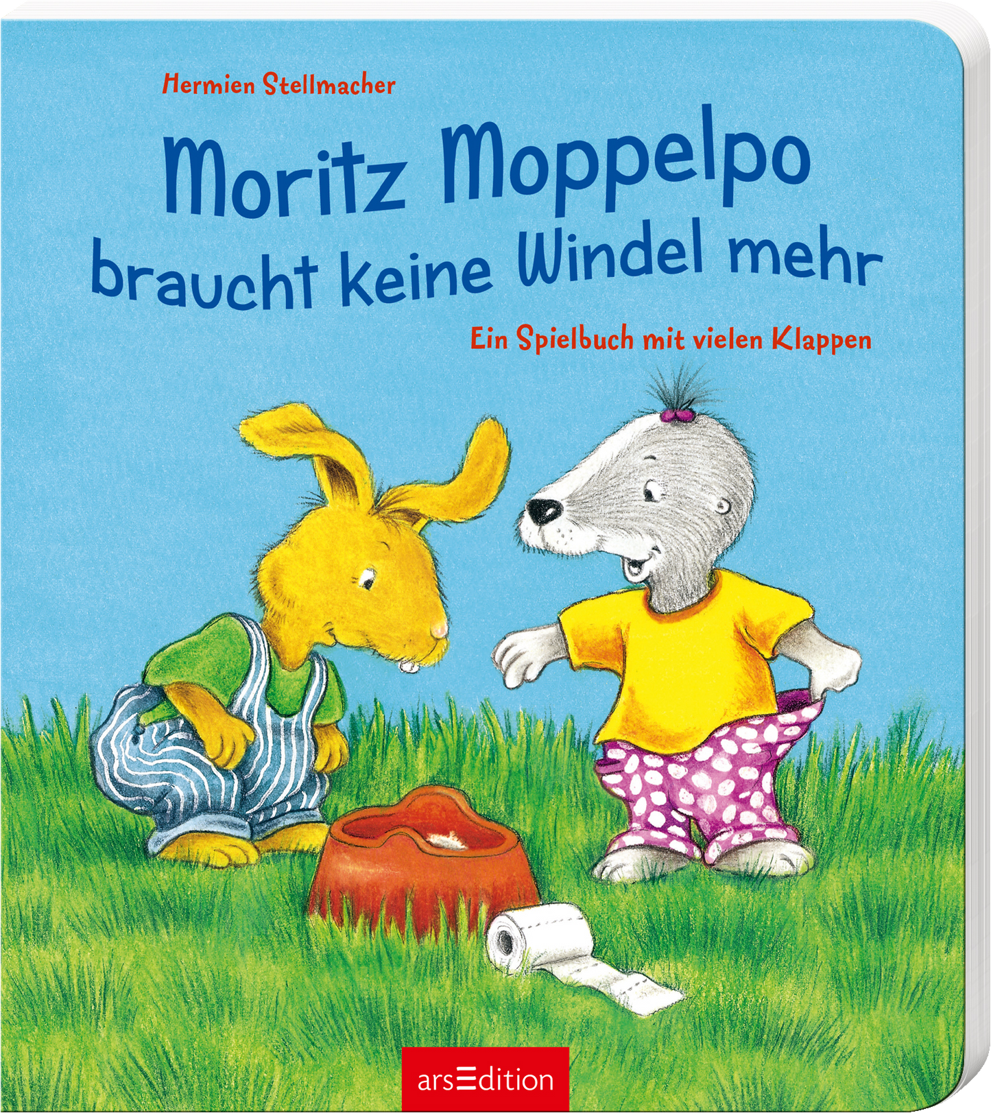 Das Buchcover zeigt die farbenfrohe und fröhliche Szene zweier Tiercharaktere auf einer Wiese. Links ist ein gelbes Kaninchen mit einer grünen Umarmung und gestreiften Hosen, rechts ein graues Tier mit einem orangen Shirt und karierten Shorts. Über den Charakteren prangt der Titel „Moritz Moppelpo braucht keine Windel mehr“ in blauem, verspieltem Schriftzug. Unter dem Titel steht „Ein Spielbuch mit vielen Klappen“. Ganz unten mittig steht der Logoschriftzug von arsEdition.