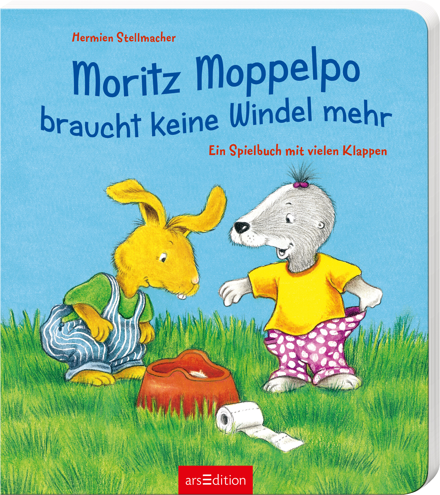 Das Buchcover zeigt die farbenfrohe und fröhliche Szene zweier Tiercharaktere auf einer Wiese. Links ist ein gelbes Kaninchen mit einer grünen Umarmung und gestreiften Hosen, rechts ein graues Tier mit einem orangen Shirt und karierten Shorts. Über den Charakteren prangt der Titel „Moritz Moppelpo braucht keine Windel mehr“ in blauem, verspieltem Schriftzug. Unter dem Titel steht „Ein Spielbuch mit vielen Klappen“. Ganz unten mittig steht der Logoschriftzug von arsEdition.