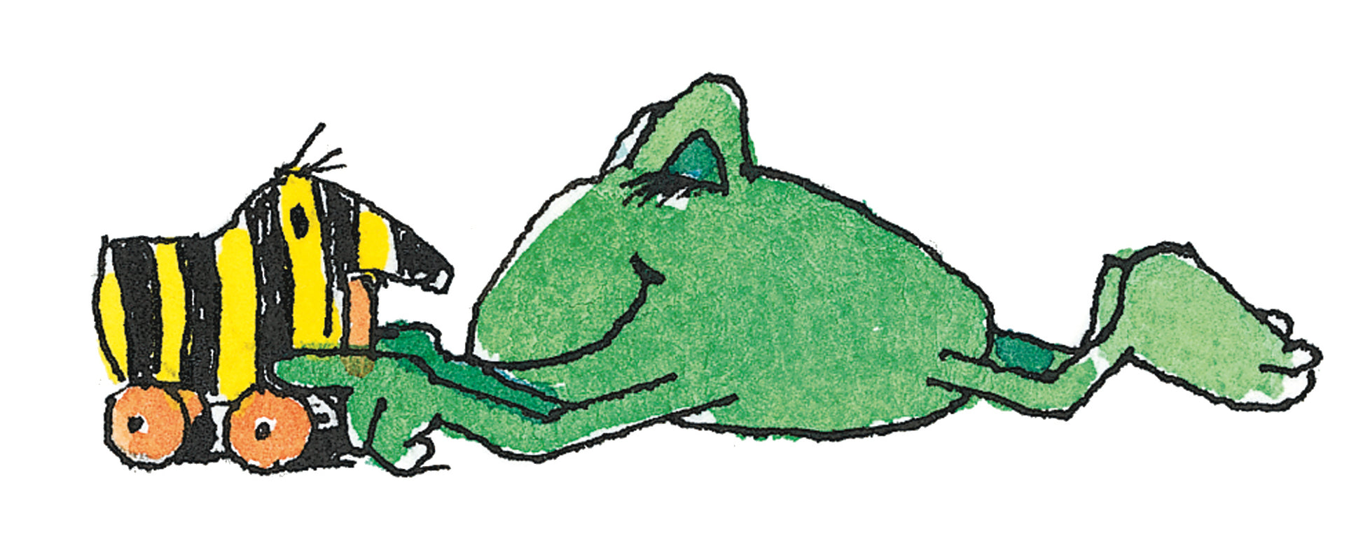 Gezeigt wird eine Innen- oder Zusatzansicht von „Mein Baby-Album“. Die Illustration zeigt einen fröhlichen, grünen Frosch, der entspannt vor einem gelb-schwarz gestreiften Spielzeugauto liegt. Der Frosch hat eine lächelnde Miene und ist weich gezeichnet. Die Farben sind kräftig und spielerisch, wobei der Hintergrund weiß bleibt. Der Einsatz von Rundungen in der Typografie sorgt für eine freundliche und kindgerechte Anmutung.