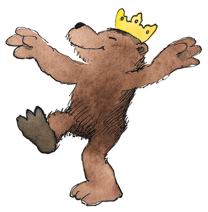 Gezeigt wird eine Innen- oder Zusatzansicht von „Mein Baby-Album“. Die Präsentation zeigt einen fröhlichen, braunen Bären, der mit ausgebreiteten Armen tanzt und eine gelbe Krone trägt. Die Illustration ist in sanften, erdigen Farbtönen gehalten, die eine warme und einladende Atmosphäre schaffen. Die Typografie ist kindgerecht und verspielt, was das freundliche und verspielte Design unterstreicht.