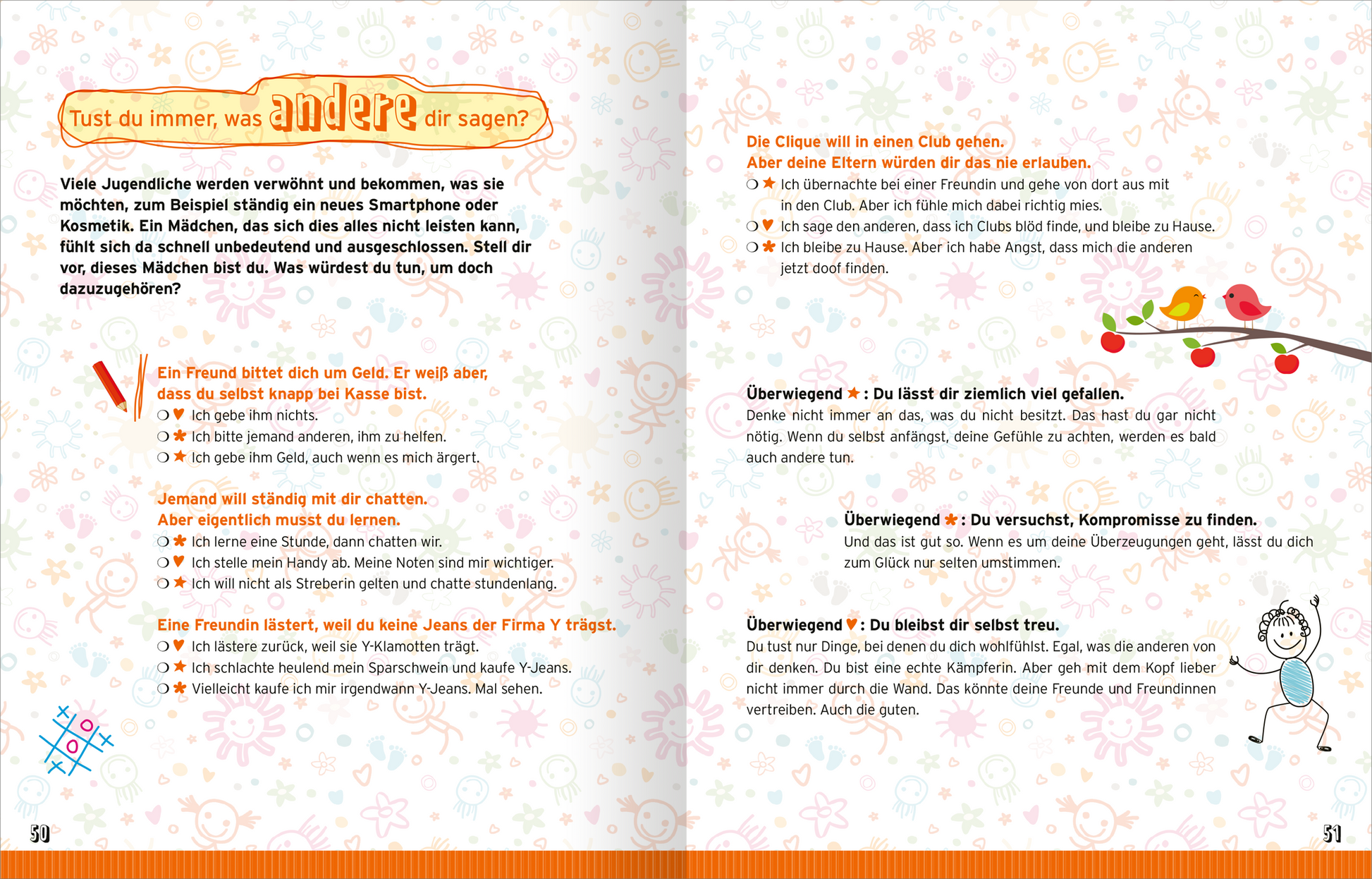 Gezeigt wird eine Innen- oder Zusatzansicht von „Reine Mädchensache“. Die Seite verwendet eine helle, freundliche Farbpalette mit dominierenden Pastelltönen. Auf der linken Seite sind orangefarbene und pinke Textpassagen hervorgehoben. Große, verspielte Schriftarten sorgen für eine klare Lesbarkeit. Umrahmt von fröhlichen, illustrierten Elementen, wie Blumen und bunt gefärbten Blättern, wird ein einladendes, altersgerechtes Layout geschaffen, das die Themen Freundschaft und...