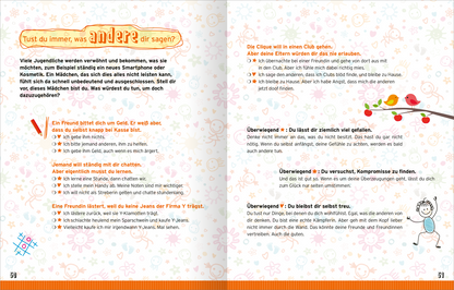 Gezeigt wird eine Innen- oder Zusatzansicht von „Reine Mädchensache“. Die Seite verwendet eine helle, freundliche Farbpalette mit dominierenden Pastelltönen. Auf der linken Seite sind orangefarbene und pinke Textpassagen hervorgehoben. Große, verspielte Schriftarten sorgen für eine klare Lesbarkeit. Umrahmt von fröhlichen, illustrierten Elementen, wie Blumen und bunt gefärbten Blättern, wird ein einladendes, altersgerechtes Layout geschaffen, das die Themen Freundschaft und...
