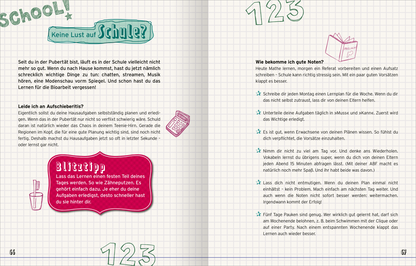 Gezeigt wird eine Innenansicht von „Reine Mädchensache“. Die Doppelseite ist in einem bunten, verspielten Stil gehalten. Auf der linken Seite wird der Text in einer handschriftlichen Schriftart präsentiert, um das Informelle und Persönliche zu betonen. Die Farbpalette umfasst lebhafte Töne wie Pink und Türkis. Markante Boxen und Grafiken sind im Layout integriert, darunter ein Blitztipp in einer auffälligen pinken Form. Auf der rechten Seite sind Hinweise zur Notenvergabe in klarer,...
