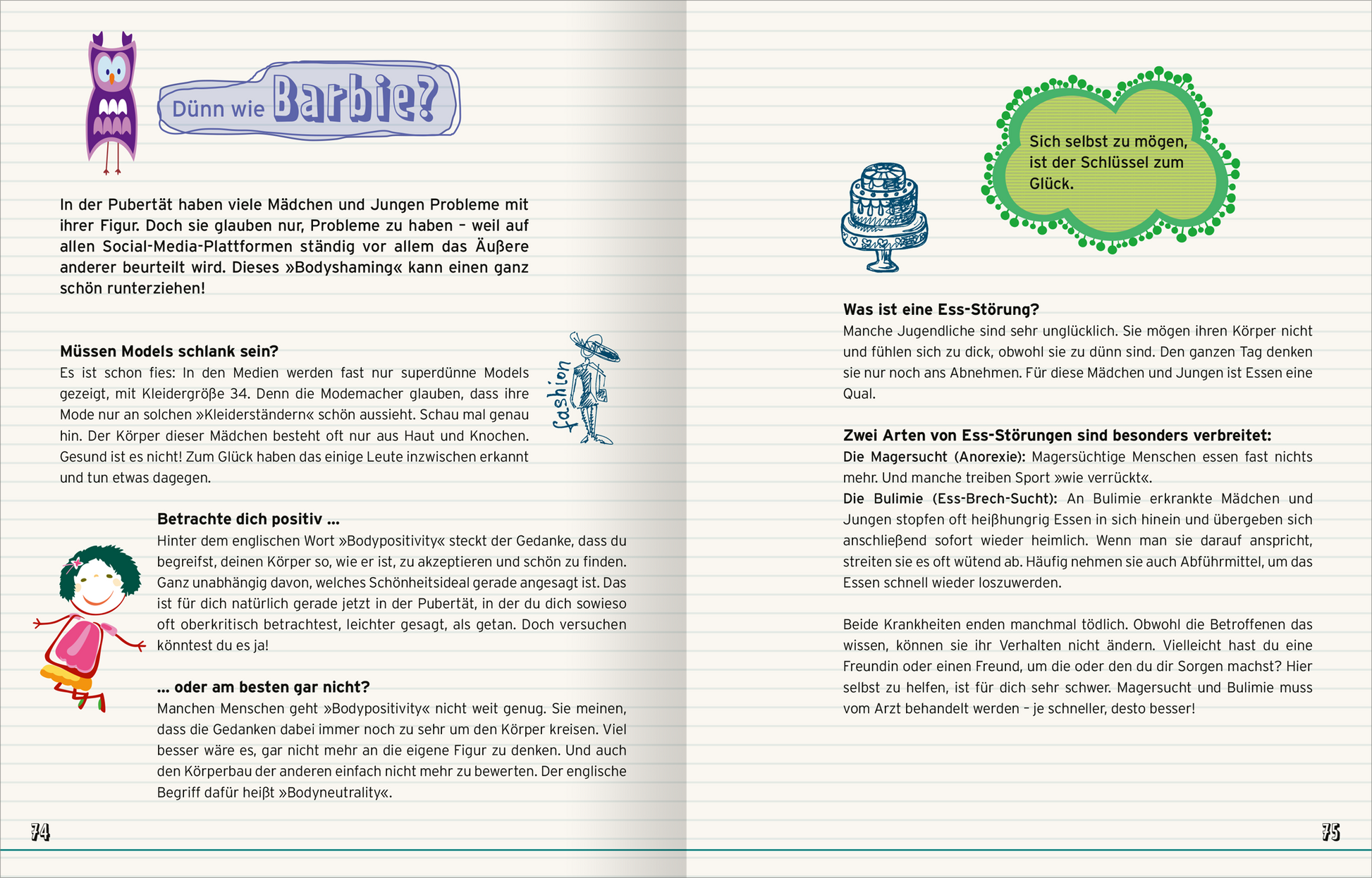 Gezeigt wird eine Innenansicht von „Reine Mädchensache“. Die Seite enthält Farbakzente in Lila und Türkis sowie eine helle, freundliche Hintergrundfarbe. Unterschiedliche Schriftgrößen heben wichtige Informationen hervor. Illustrationen von Mädchen und Symbolen wie einer Barbie-Puppe unterstützen den Text visuell. Die typografische Gestaltung ist klar und gut lesbar, was die Zugänglichkeit der Inhalte fördert. Diverse Absätze thematisieren Körperwahrnehmung und Essstörungen.