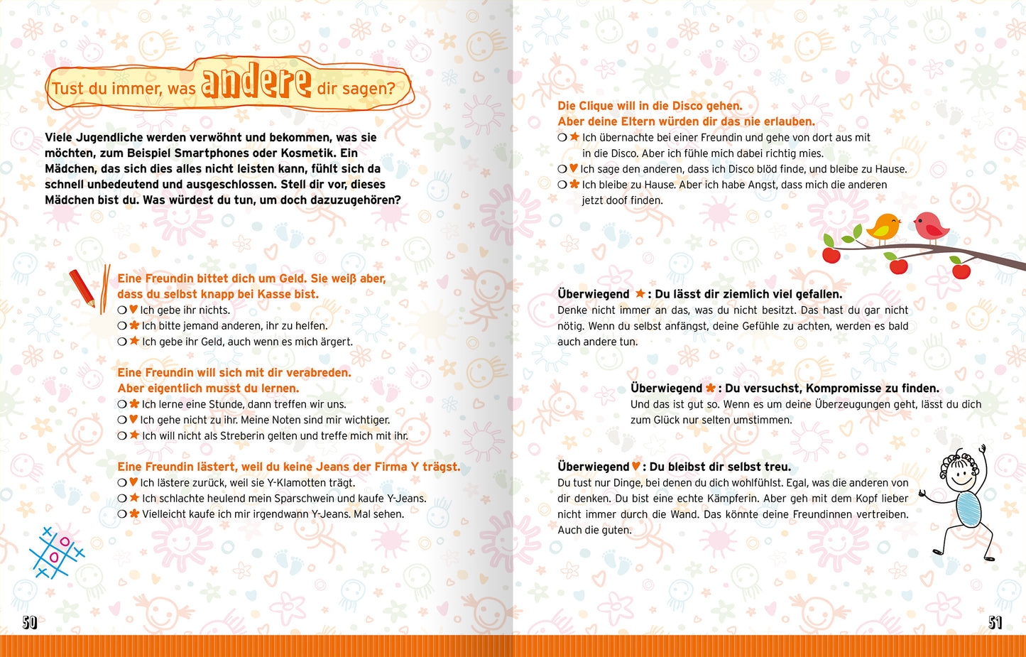 Gezeigt wird eine Innenansicht von „Reine Mädchensache“. Die Seite enthält einen hellen Hintergrund mit verspielten, bunten Mustern und Illustrationen. Der Text ist in klarer, gut lesbarer Schriftart und in verschiedenen Farben unterteilt. Zentrale Abschnitte sind durch größere Schrift und farbige Überschriften hervorgehoben. Es werden verschiedene Szenarien beschrieben, die sich auf Freundschaft und soziale Interaktionen beziehen. Am unteren Rand der Seite sind kleine Illustrationen...