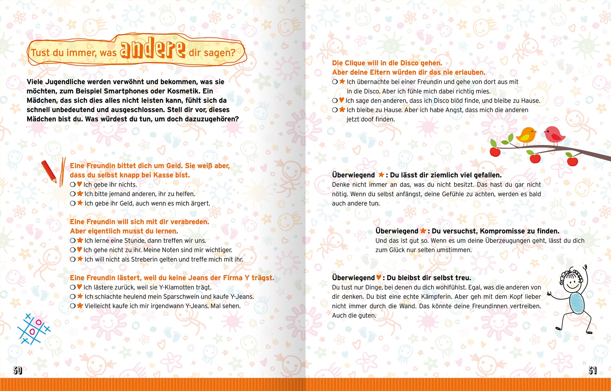 Gezeigt wird eine Innenansicht von „Reine Mädchensache“. Die Seite enthält einen hellen Hintergrund mit verspielten, bunten Mustern und Illustrationen. Der Text ist in klarer, gut lesbarer Schriftart und in verschiedenen Farben unterteilt. Zentrale Abschnitte sind durch größere Schrift und farbige Überschriften hervorgehoben. Es werden verschiedene Szenarien beschrieben, die sich auf Freundschaft und soziale Interaktionen beziehen. Am unteren Rand der Seite sind kleine Illustrationen...
