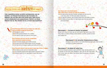 Gezeigt wird eine Innenansicht von „Reine Mädchensache“. Die Seite enthält einen hellen Hintergrund mit verspielten, bunten Mustern und Illustrationen. Der Text ist in klarer, gut lesbarer Schriftart und in verschiedenen Farben unterteilt. Zentrale Abschnitte sind durch größere Schrift und farbige Überschriften hervorgehoben. Es werden verschiedene Szenarien beschrieben, die sich auf Freundschaft und soziale Interaktionen beziehen. Am unteren Rand der Seite sind kleine Illustrationen...