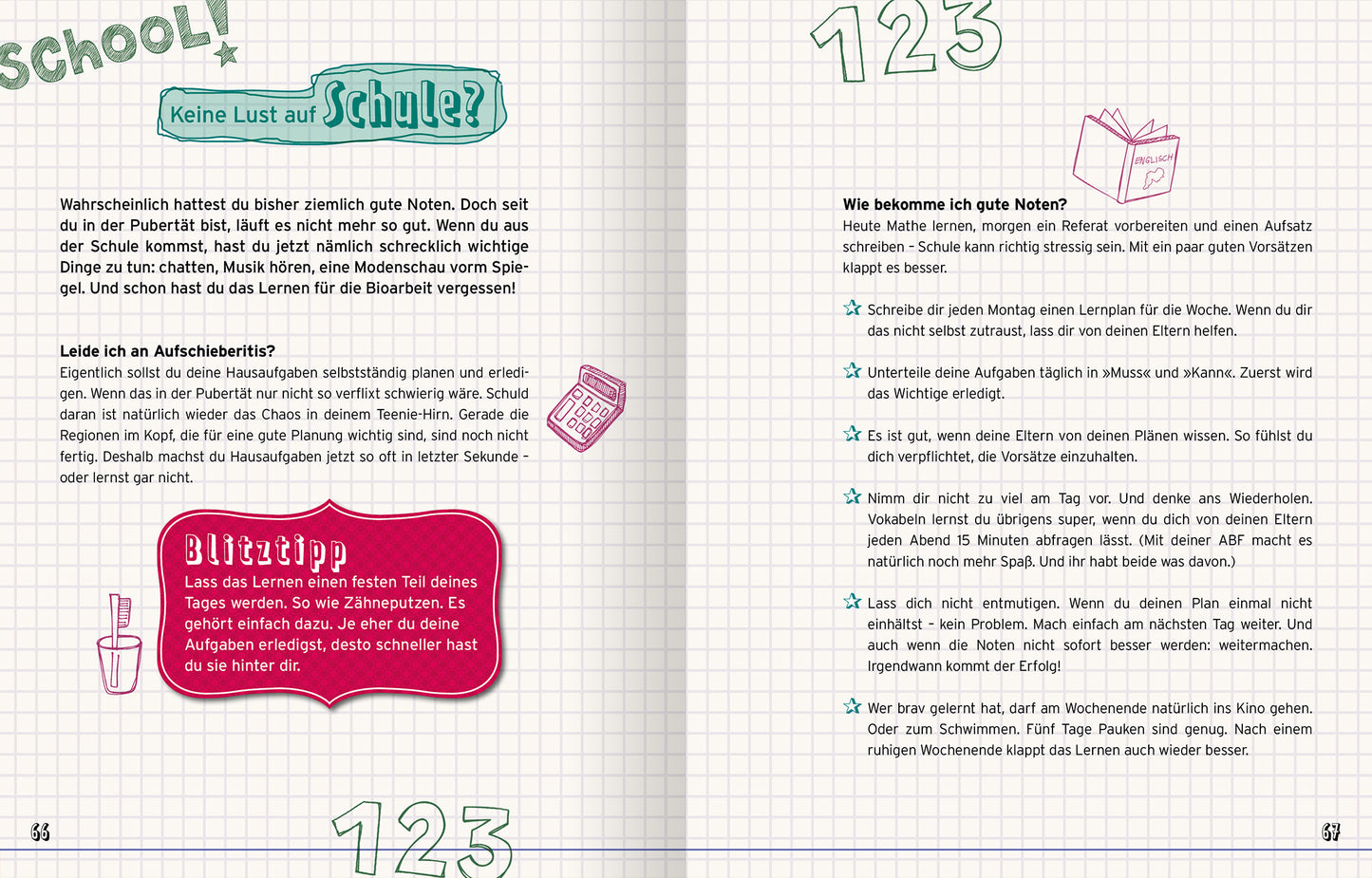 Gezeigt wird eine Innen- oder Zusatzansicht von „Reine Mädchensache“. Die Seite präsentiert farbige, handschriftlich wirkende Überschriften in pink und mintgrün auf karierter Hintergrund. Es sind Illustrationen von Schulmaterialien, wie einem Stift und einem Buch, integriert. Der Text ist informativ und strukturiert in Absätzen angeordnet, mit hervorgehobenen Tipps in einer dekorativen Box. Die ansprechende Typografie und die freundlichen Farben schaffen eine motivierende...