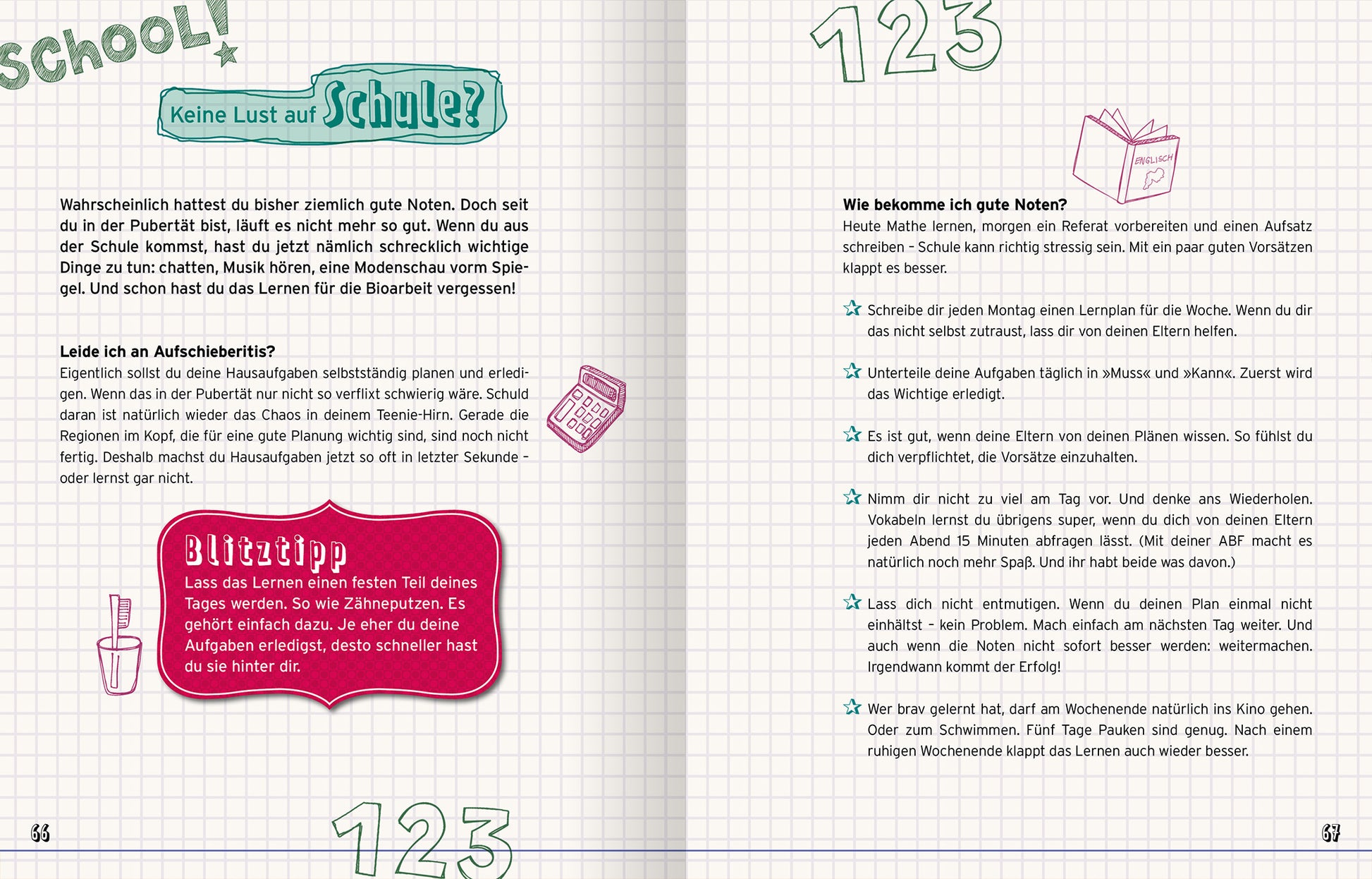 Gezeigt wird eine Innen- oder Zusatzansicht von „Reine Mädchensache“. Die Seite präsentiert farbige, handschriftlich wirkende Überschriften in pink und mintgrün auf karierter Hintergrund. Es sind Illustrationen von Schulmaterialien, wie einem Stift und einem Buch, integriert. Der Text ist informativ und strukturiert in Absätzen angeordnet, mit hervorgehobenen Tipps in einer dekorativen Box. Die ansprechende Typografie und die freundlichen Farben schaffen eine motivierende...