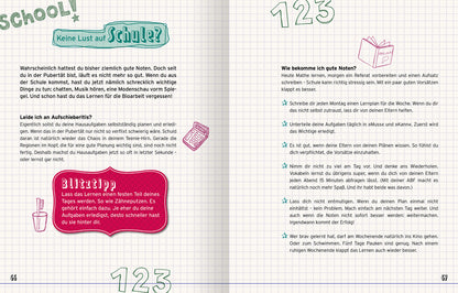 Gezeigt wird eine Innen- oder Zusatzansicht von „Reine Mädchensache“. Die Seite präsentiert farbige, handschriftlich wirkende Überschriften in pink und mintgrün auf karierter Hintergrund. Es sind Illustrationen von Schulmaterialien, wie einem Stift und einem Buch, integriert. Der Text ist informativ und strukturiert in Absätzen angeordnet, mit hervorgehobenen Tipps in einer dekorativen Box. Die ansprechende Typografie und die freundlichen Farben schaffen eine motivierende...