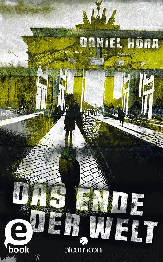 Das Buchcover zeigt eine düstere, melancholische Szenerie mit dem Brandenburger Tor im Hintergrund. Die dominante Farbgebung in verschiedenen Grün- und Grautönen vermittelt eine Atmosphäre von Unruhe und Spannung. Im Vordergrund ist eine einsame Figur sichtbar, die einen schmalen, gepflasterten Weg entlanggeht. Der Titel „Das Ende der Welt“ ist in markanter weißer Schrift platziert, während der Autor „Daniel Höra“ oberhalb in gelber Schrift steht. Ganz unten mittig steht der...