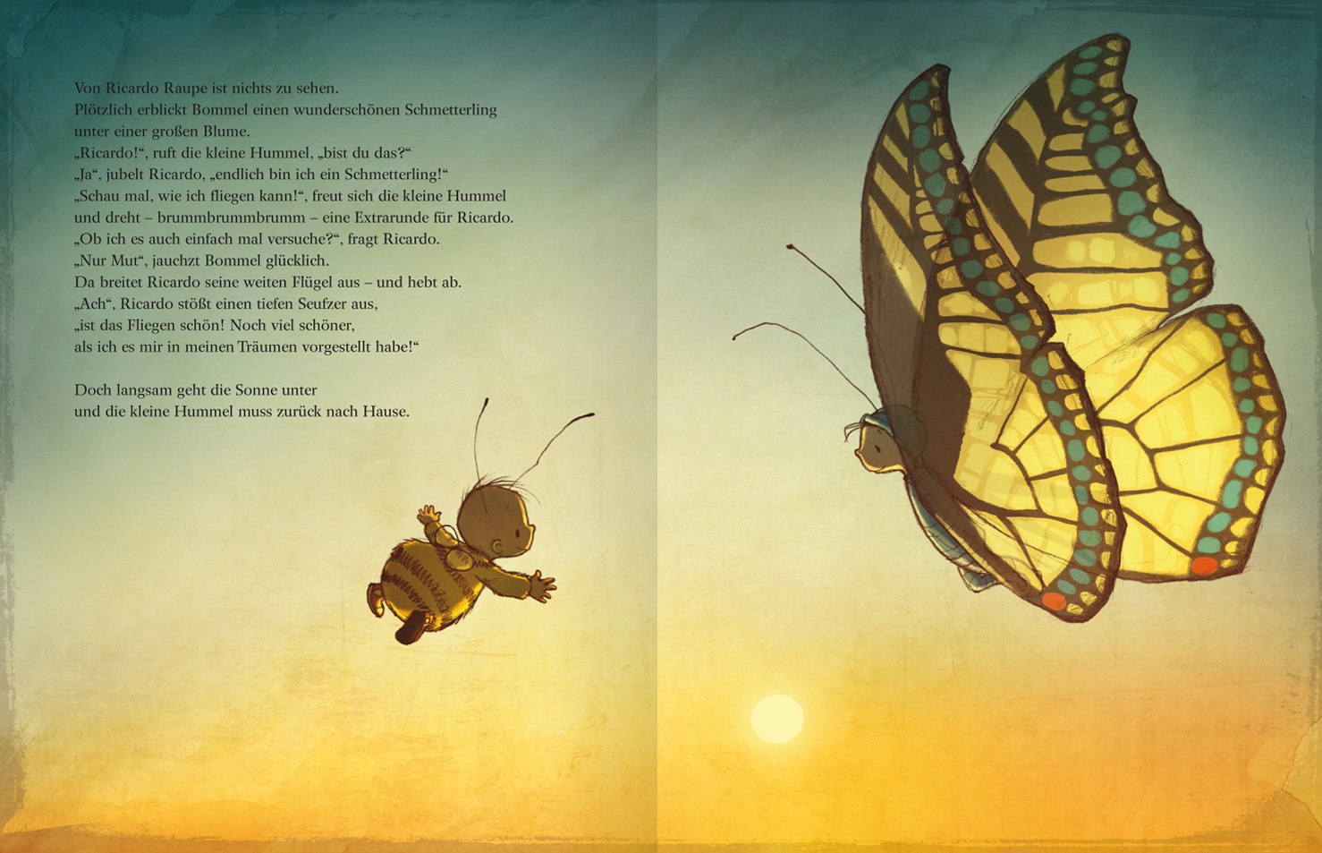 Gezeigt wird eine Innenansicht von „Die kleine Hummel Bommel“. Die Illustration zeigt die kleine Hummel, die durch die Luft fliegt. Ihr gegenüber schwebt ein großer Schmetterling. Der Hintergrund ist in Blau- und Gelbtönen gehalten. Die Schrift ist auf der linken Seite platziert.