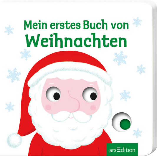 Auf dem Cover sieht man einen fröhlichen Weihnachtsmann mit rundem Gesicht, der eine rote Mütze und einen weißen Bart trägt. Der Hintergrund ist in sanften Weißtönen gehalten und mit blauen Schneeflocken verziert. Der Titel in großen, grünen Buchstaben lautet „Mein erstes Buch von Weihnachten“. Ganz unten mittig steht der Logoschriftzug von arsEdition.