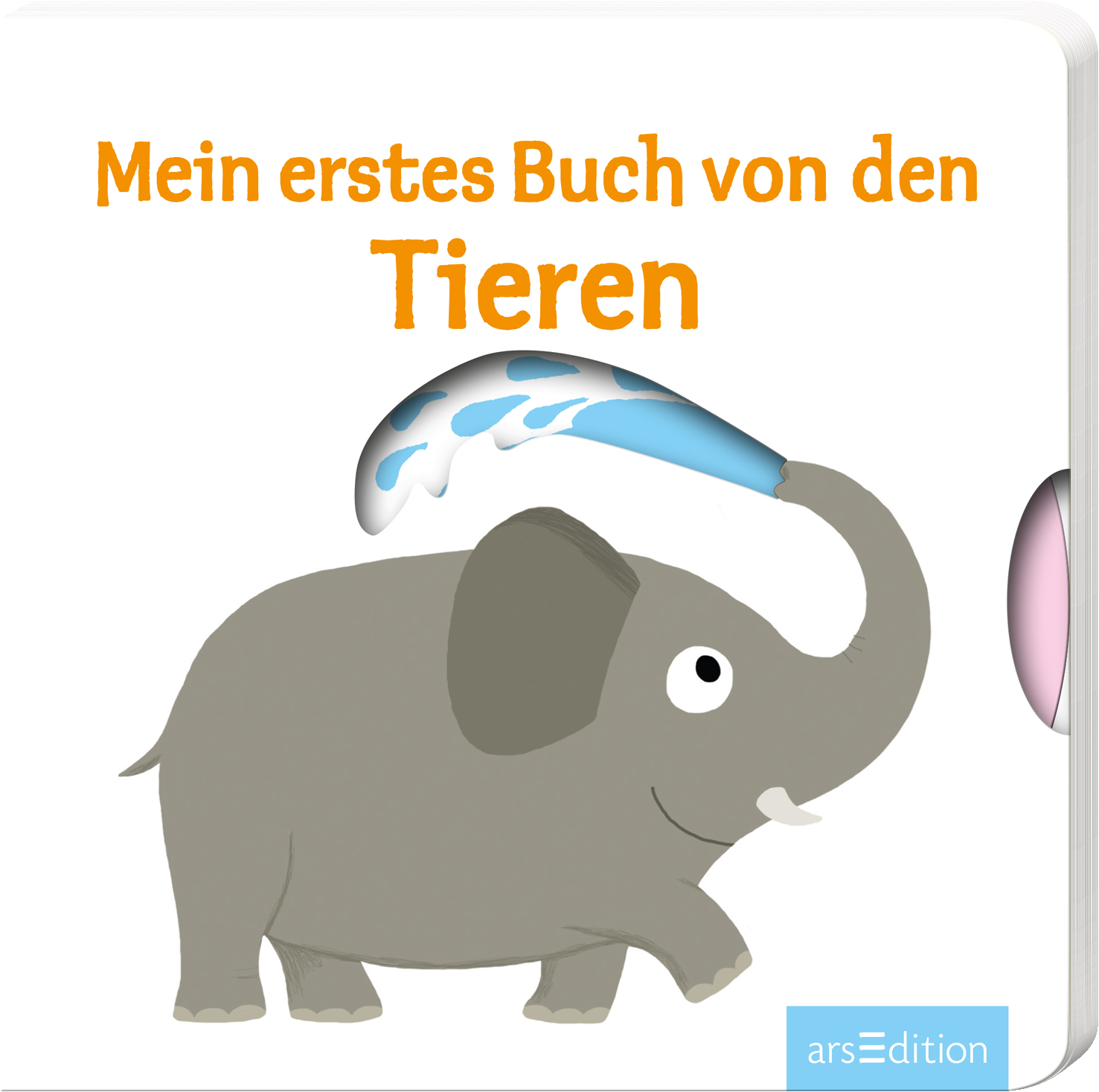 Das Buchcover zeigt einen fröhlichen, grauen Elefanten, der mit einem Wasserstrahl aus einem blauen Sprinkler spielt. Oben steht in großen, orangefarbenen Buchstaben „Mein erstes Buch von den“ und darunter in einer verspielten Schrift „Tieren“. Der Hintergrund ist weiß, was die lebendigen Farben hervorhebt und eine einladende, kindgerechte Atmosphäre schafft. Ganz unten mittig steht der Logoschriftzug von arsEdition.