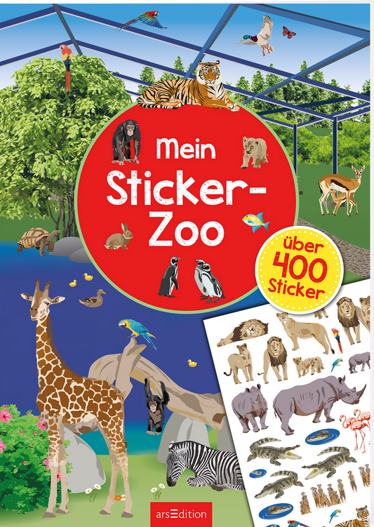 Das Buchcover zeigt einen bunten, lebhaften Zoo mit verschiedenen Tieren wie Giraffen, Tigern und Pinguinen, die in einer naturnahen Umgebung angeordnet sind. Im Vordergrund befindet sich ein großer roter Kreis mit dem Titel „Mein Sticker-Zoo“ in auffälliger, weißer Schrift. Über dem Titel ist der Hinweis „über 400 Sticker“ in einer kleinen, runden Sprechblase. Die fröhliche Atmosphäre und die leuchtenden Farben vermitteln Spaß und Abenteuer. Ganz unten mittig steht der...