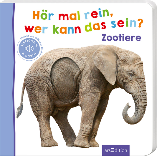 Das Buchcover zeigt einen hellen Hintergrund, auf dem ein realistisch gezeichneter Elefant abgebildet ist. Der Elefant hat eine griffige Aussparung in der Seitenansicht, was das interaktive Element des Buches verdeutlicht. Der Titel „Hör mal rein, wer kann das sein?“ ist in bunten, fröhlichen Buchstaben oberhalb des Elefanten platziert, während „Zootiere“ darunter steht. Links auf dem Cover befindet sich ein blauer Button mit dem Text „STREICHELN & HÖREN“. Ganz unten mittig...