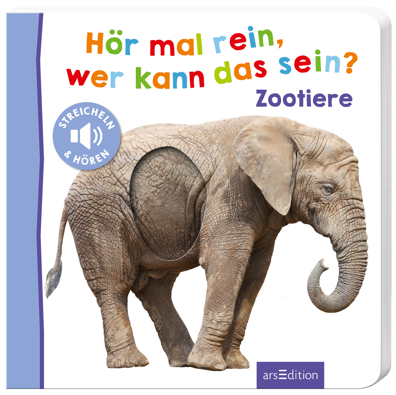 Das Buchcover zeigt einen hellen Hintergrund, auf dem ein realistisch gezeichneter Elefant abgebildet ist. Der Elefant hat eine griffige Aussparung in der Seitenansicht, was das interaktive Element des Buches verdeutlicht. Der Titel „Hör mal rein, wer kann das sein?“ ist in bunten, fröhlichen Buchstaben oberhalb des Elefanten platziert, während „Zootiere“ darunter steht. Links auf dem Cover befindet sich ein blauer Button mit dem Text „STREICHELN &amp; HÖREN“. Ganz unten mittig...