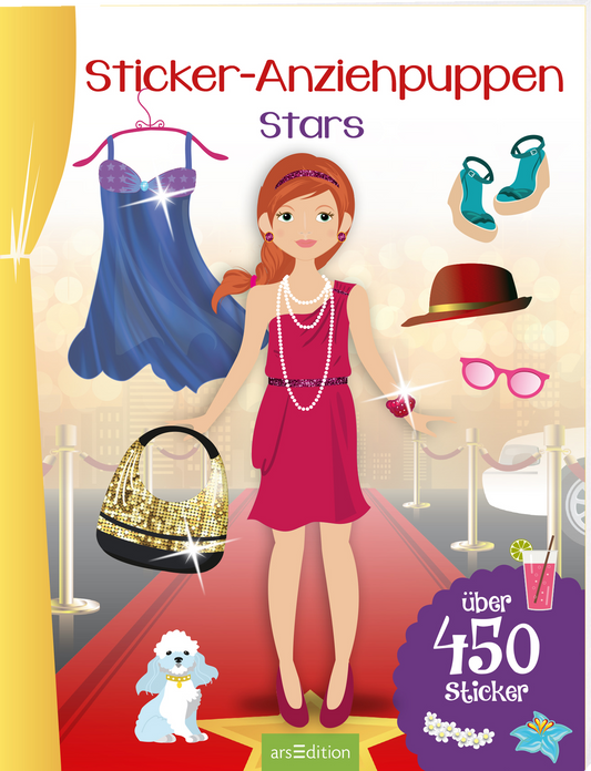 Das 3D-Buchcover zeigt eine stilisierte Puppe in einem pinken Kleid mit Accessoires. Um sie herum sind verschiedene Kleidungsstücke und Zubehör abgebildet, darunter ein blauer Abendkleid und diverse Schuhe. Die Farbgestaltung ist lebhaft mit bunten Akzenten und einem glamourösen roten Teppich im Hintergrund. Oben links steht „Sticker-Anziehpuppen“ in verspielter Schrift, während „Stars“ elegant darunter geschrieben ist. In der unteren Ecke befindet sich der Hinweis „über 450...