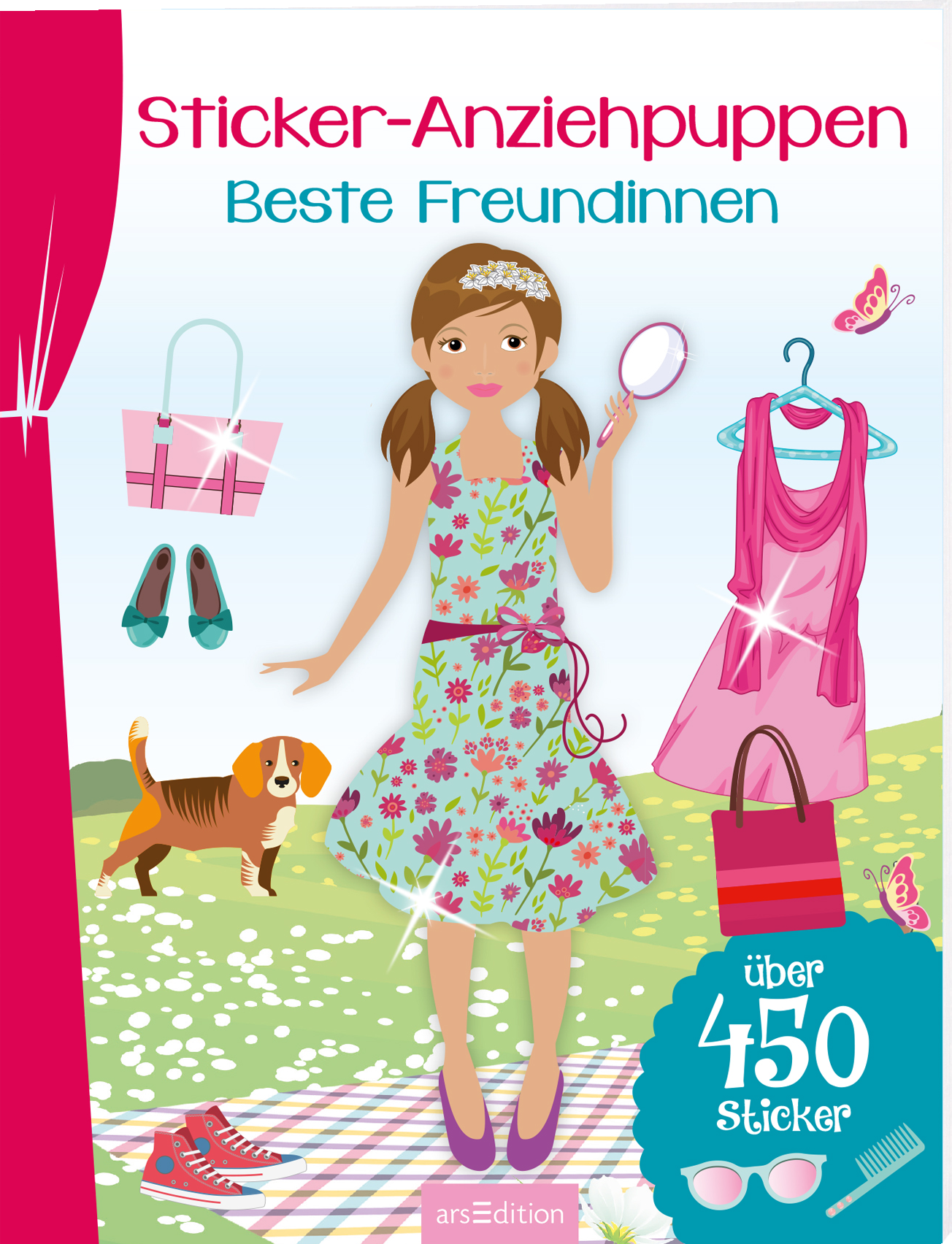 Das 3D-Cover zeigt eine fröhliche Anziehpuppe mit Zöpfen, die ein blumiges, hellblaues Kleid trägt. Um sie herum befinden sich verschiedene bunte Kleidungsstücke, darunter ein pinkes Top und eine Handtasche. Im Hintergrund sind Blumen und ein Hund zu sehen, was eine lebendige Atmosphäre schafft. Oben prangt der Titel „Sticker-Anziehpuppen – Beste Freundinnen“ in pinker Schrift. Ein blauer Kreis weist auf „über 450 Sticker“ hin. Ganz unten mittig steht der Logoschriftzug von...